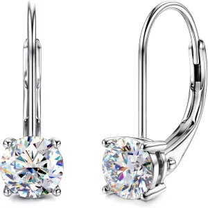 Moissanite Earrings : 18K White Gold Plated Soild Sterling Silver Dangle Earrings Hypoallergenic Leverback Drop Earrings for Women Men Round Cut D Color
