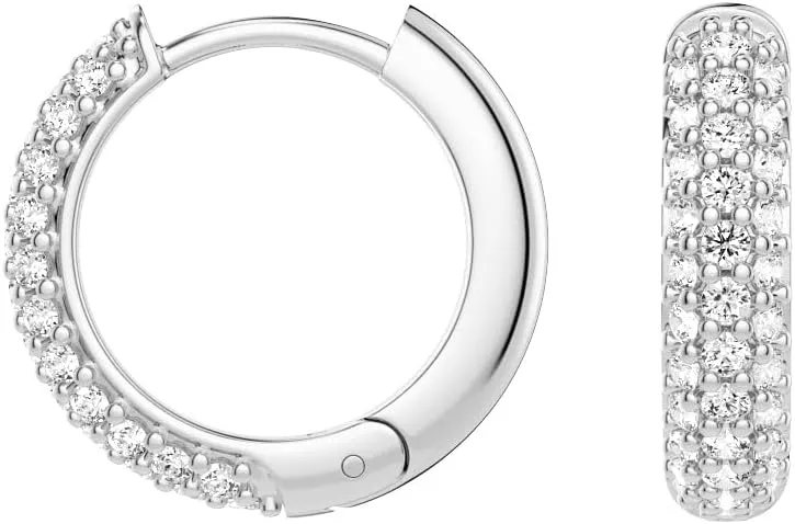 MSBLUE Unisex Round Three Row Pav Moissanite Hoop Earrings | Rhodium Finished Hypoallergenic | Perfect for Male and Female, Gift, Anniversary