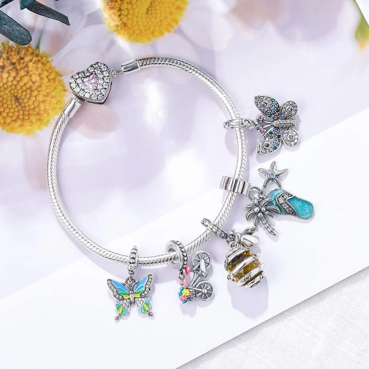 MULA 925 Sterling Silver Snake Chain Charm Bracelet Butterfly Sunflower Heart with 5A Cubic Zirconia Bracelets for Women