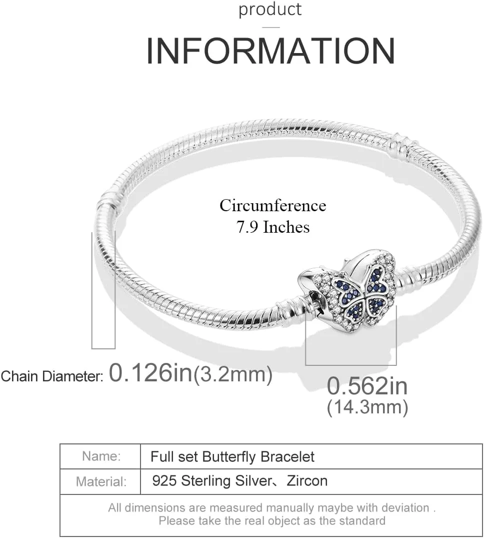 MULA 925 Sterling Silver Snake Chain Charm Bracelet Butterfly Sunflower Heart with 5A Cubic Zirconia Bracelets for Women