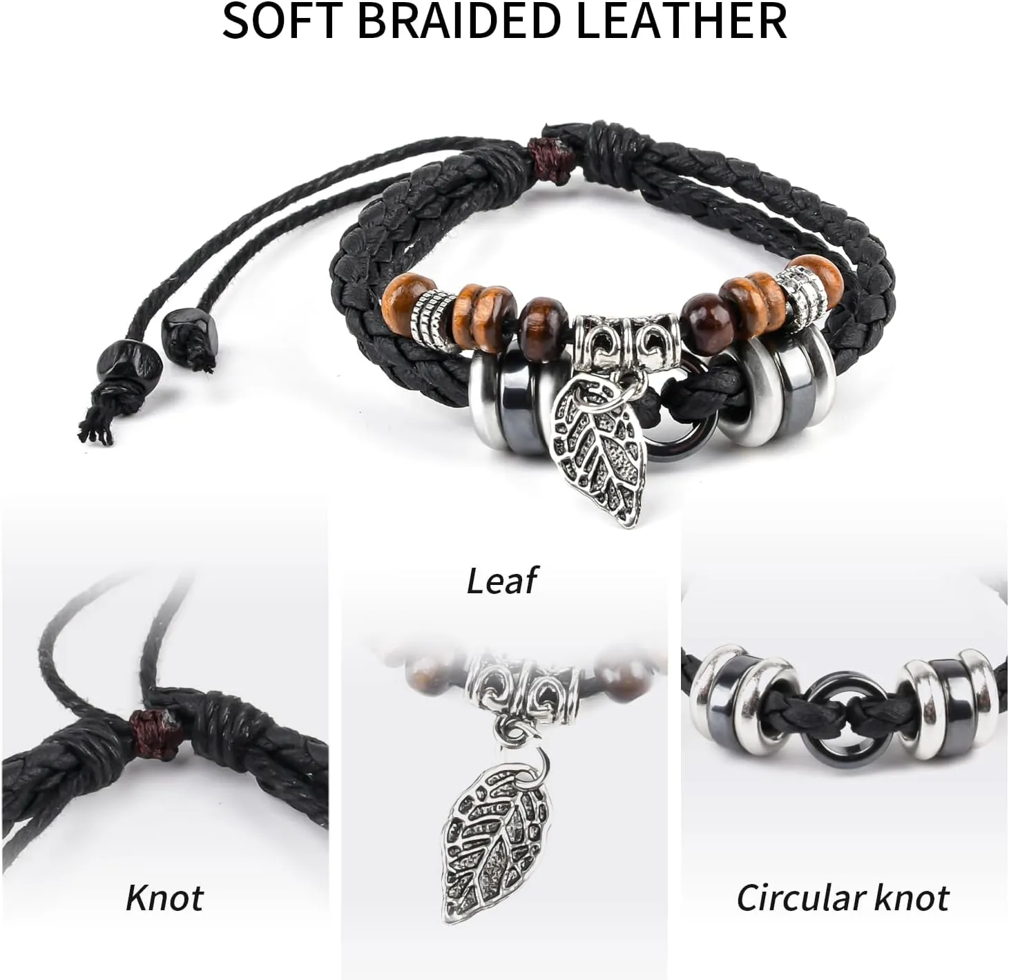 Multilayer Leather Leaf Bracelet, Handmade Braided Bracelet for Men Women, Ethnic Tribal Bracelets Wristbands(Black)