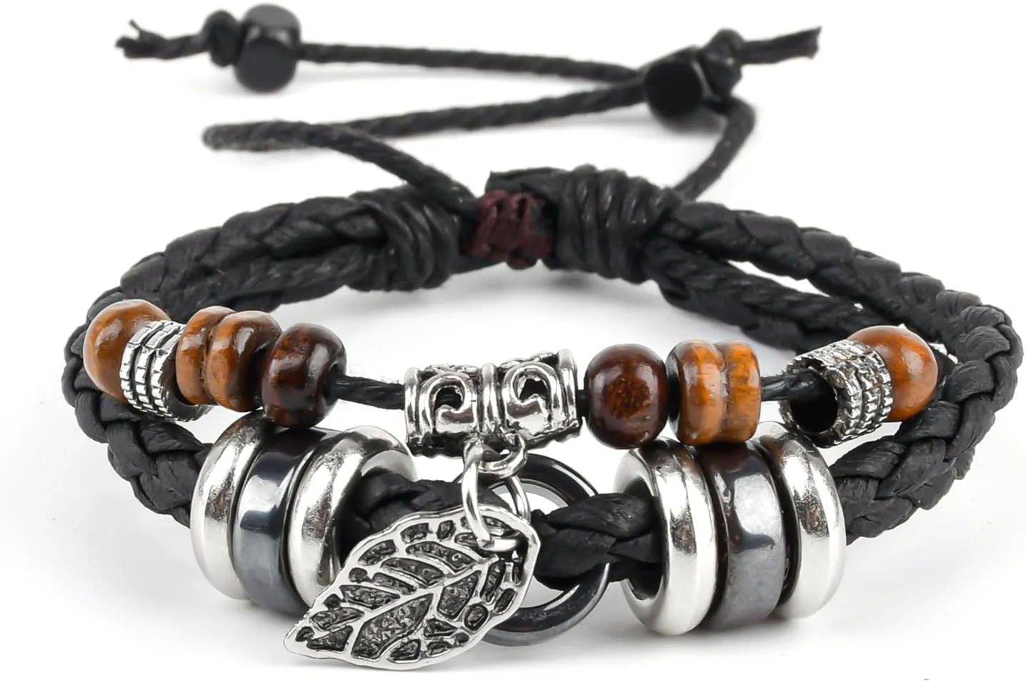 Multilayer Leather Leaf Bracelet, Handmade Braided Bracelet for Men Women, Ethnic Tribal Bracelets Wristbands(Black)