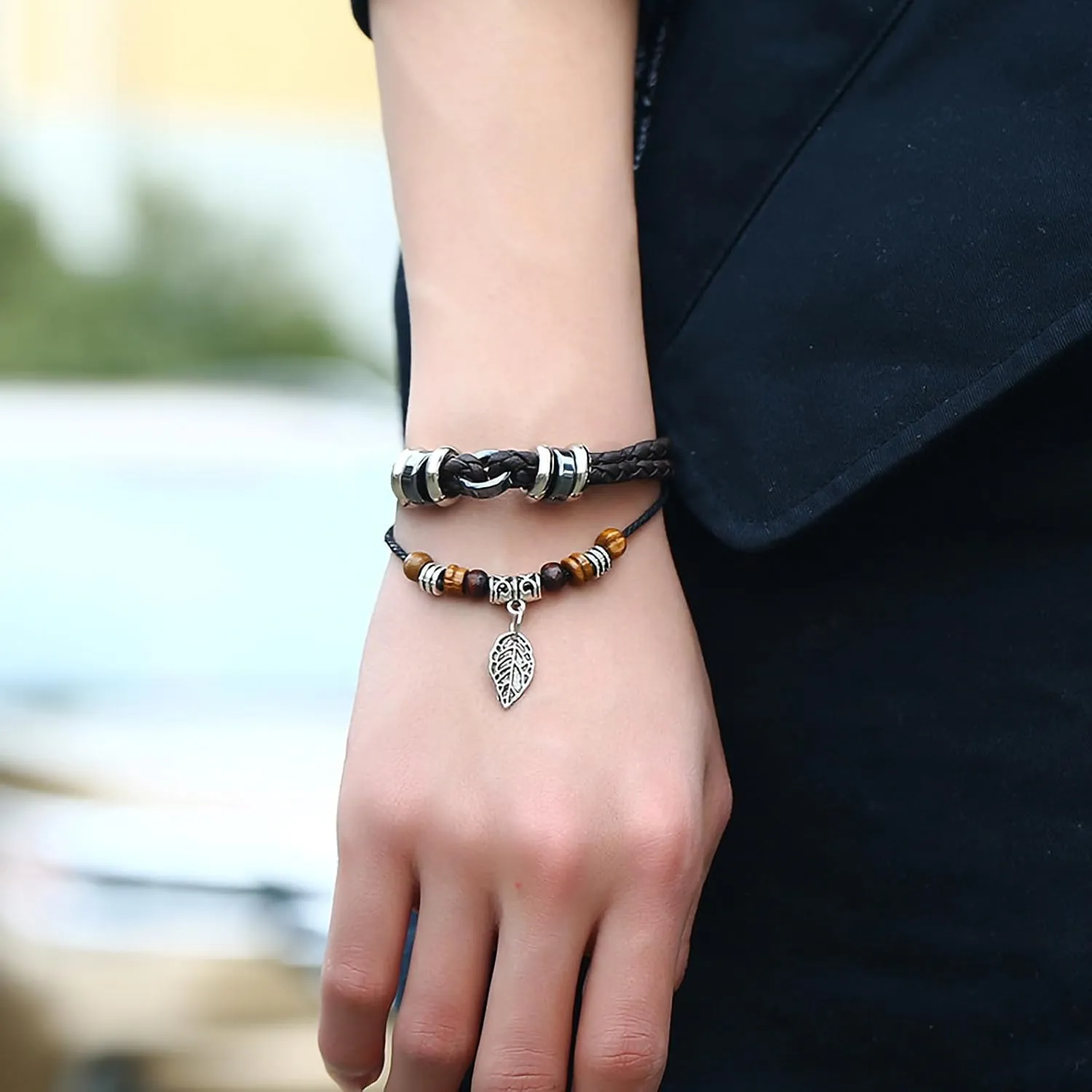 Multilayer Leather Leaf Bracelet, Handmade Braided Bracelet for Men Women, Ethnic Tribal Bracelets Wristbands(Black)