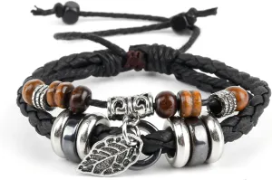 Multilayer Leather Leaf Bracelet, Handmade Braided Bracelet for Men Women, Ethnic Tribal Bracelets Wristbands(Black)
