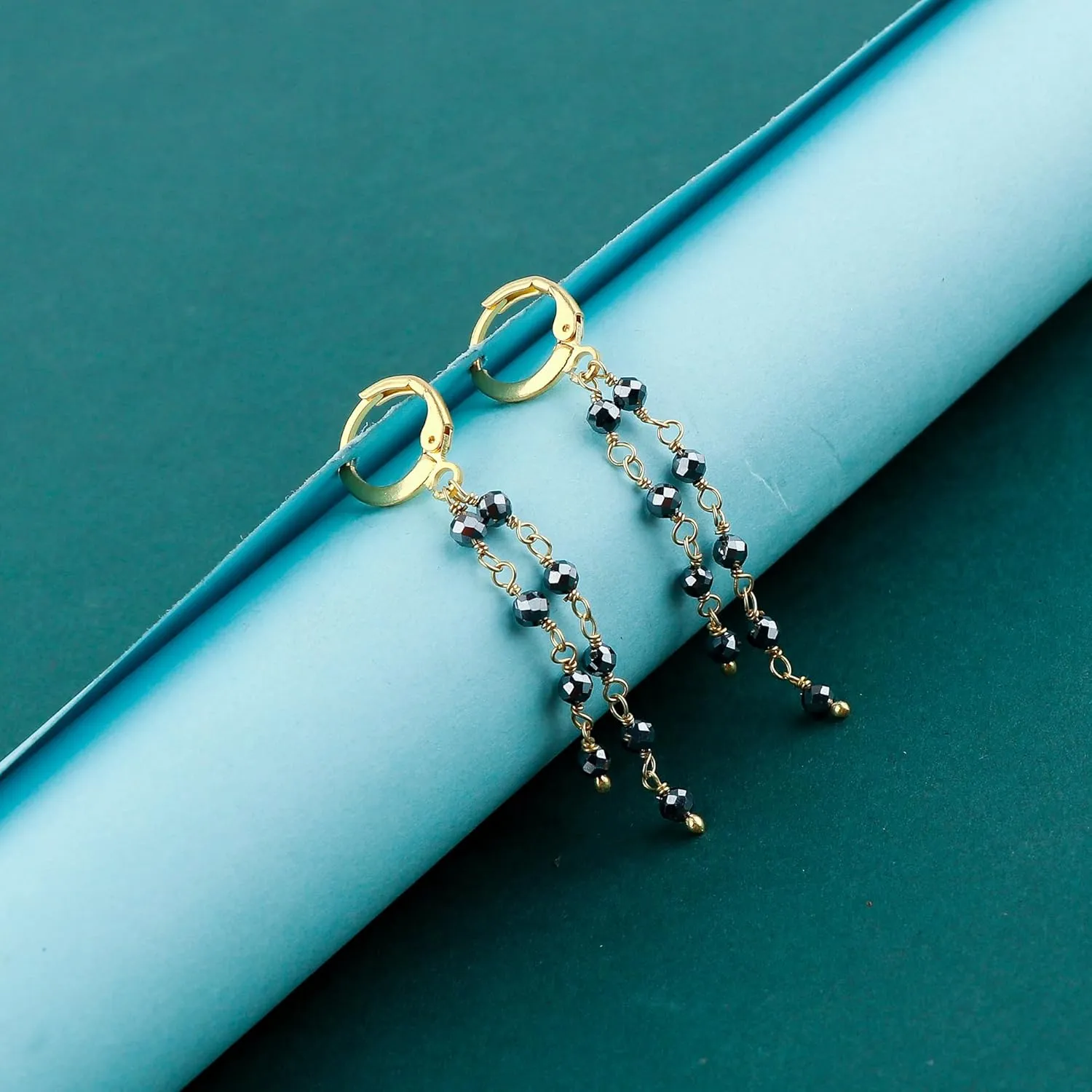 Natural Teraherts Gemstones Cluster Hoop Earrings  Handmade in Gold Plated Bohemian Jewelry | Healing Crystals Beads | Rosary Chain Dainty Earrings | Minimalist Gift for Women