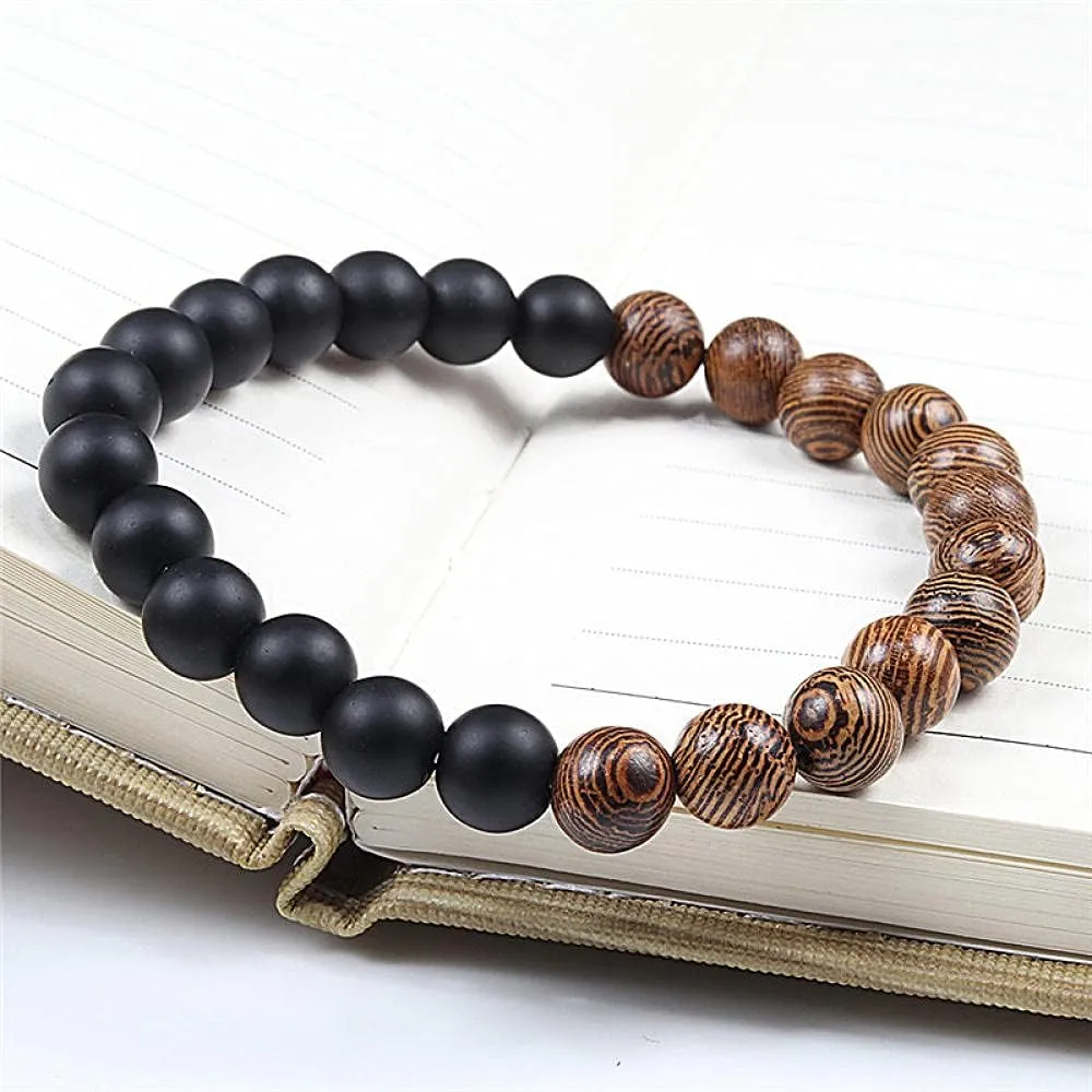 Natural Wood Beads Bracelets Black White Stone Meditation Beaded Bracelet Prayer Yoga Jewelry for Men-Blue