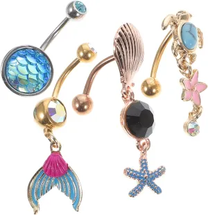 Navel Piercing Rings 4pcs Turtle Belly Button Ring Set Women's Jewelry Mermaid and Flower Design for Birthday Christmas Valentine's