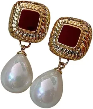 New 2025 Unisex Sweet Red Square Waterdrop Imitation Pearl Earrings For Women Temperament Korean Design Jewelry Findings Christmas Her Gift Fashion Trendy Accessories Creative For Women And Men