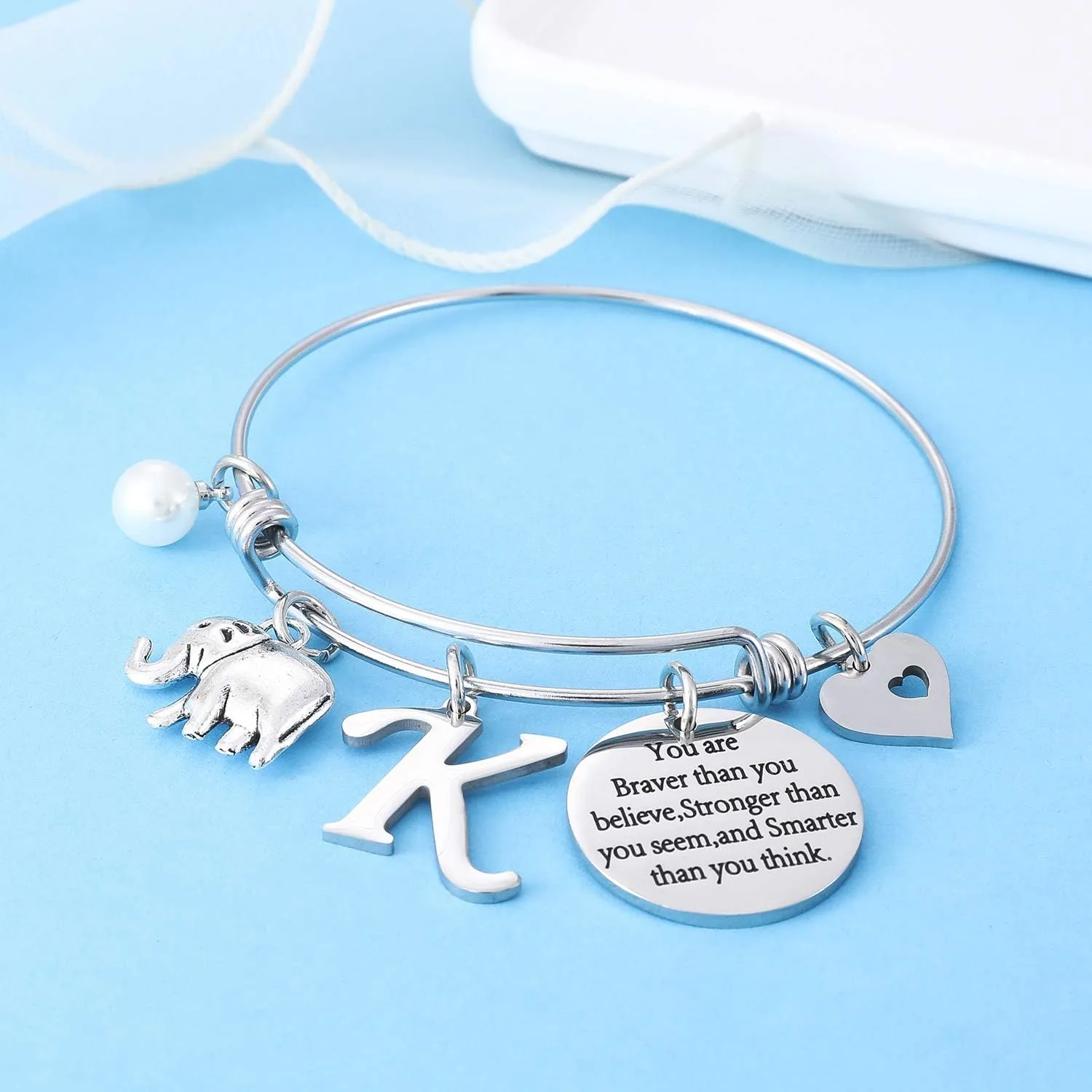 Nimteve Initial Charm Bracelet Elephant Charm Bracelet Gifts for Women Inspirational Bangle 26 Letters Alphabet Bracelets Heart Jewelry Present