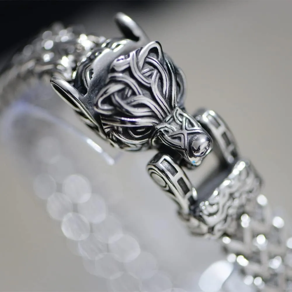 Norse Viking Wolf Bracelet Men's Stainless Steel Mesh Chain Can Open Wolf Mouth Bracelets Talisman Jewelry