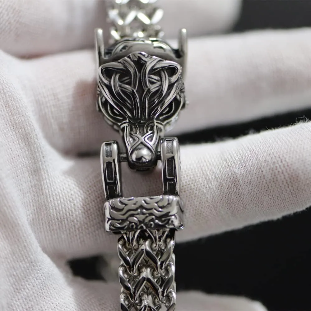 Norse Viking Wolf Bracelet Men's Stainless Steel Mesh Chain Can Open Wolf Mouth Bracelets Talisman Jewelry