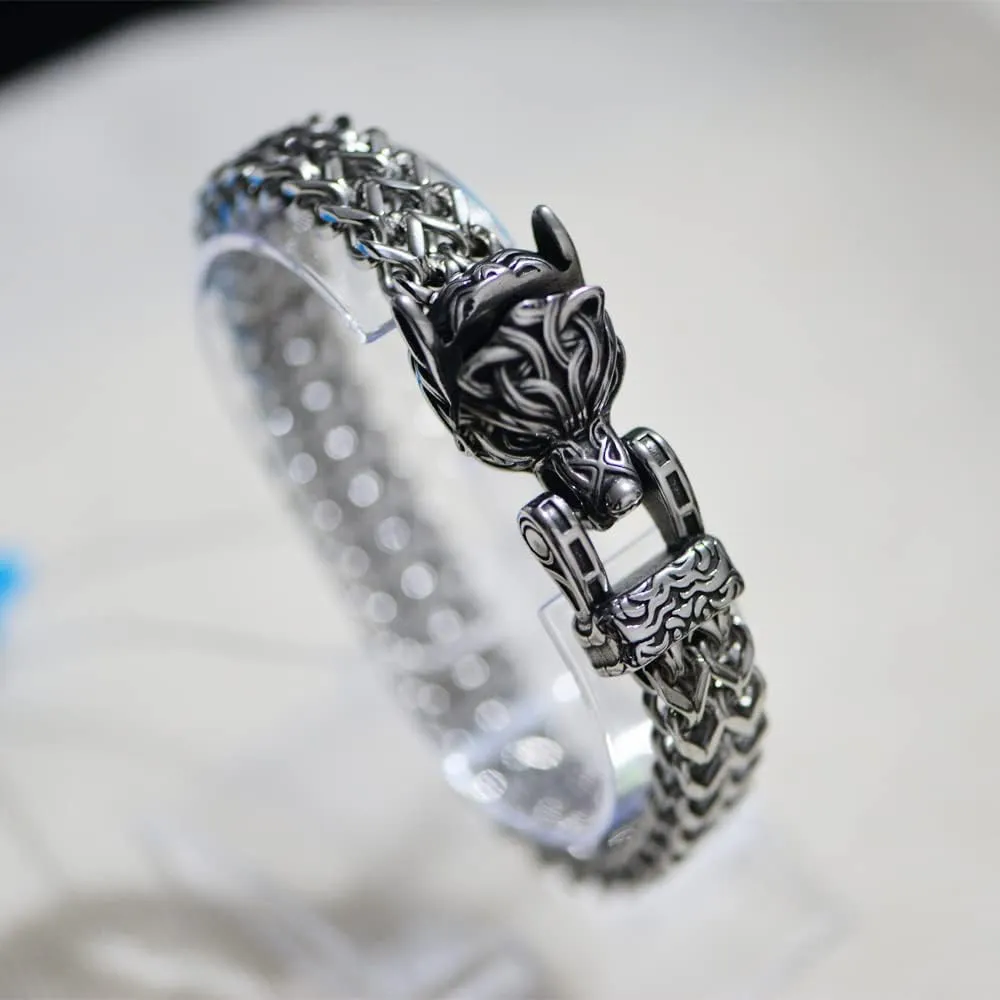 Norse Viking Wolf Bracelet Men's Stainless Steel Mesh Chain Can Open Wolf Mouth Bracelets Talisman Jewelry