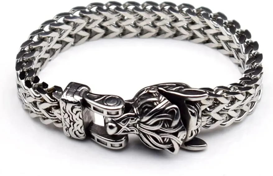 Norse Viking Wolf Bracelet Men's Stainless Steel Mesh Chain Can Open Wolf Mouth Bracelets Talisman Jewelry
