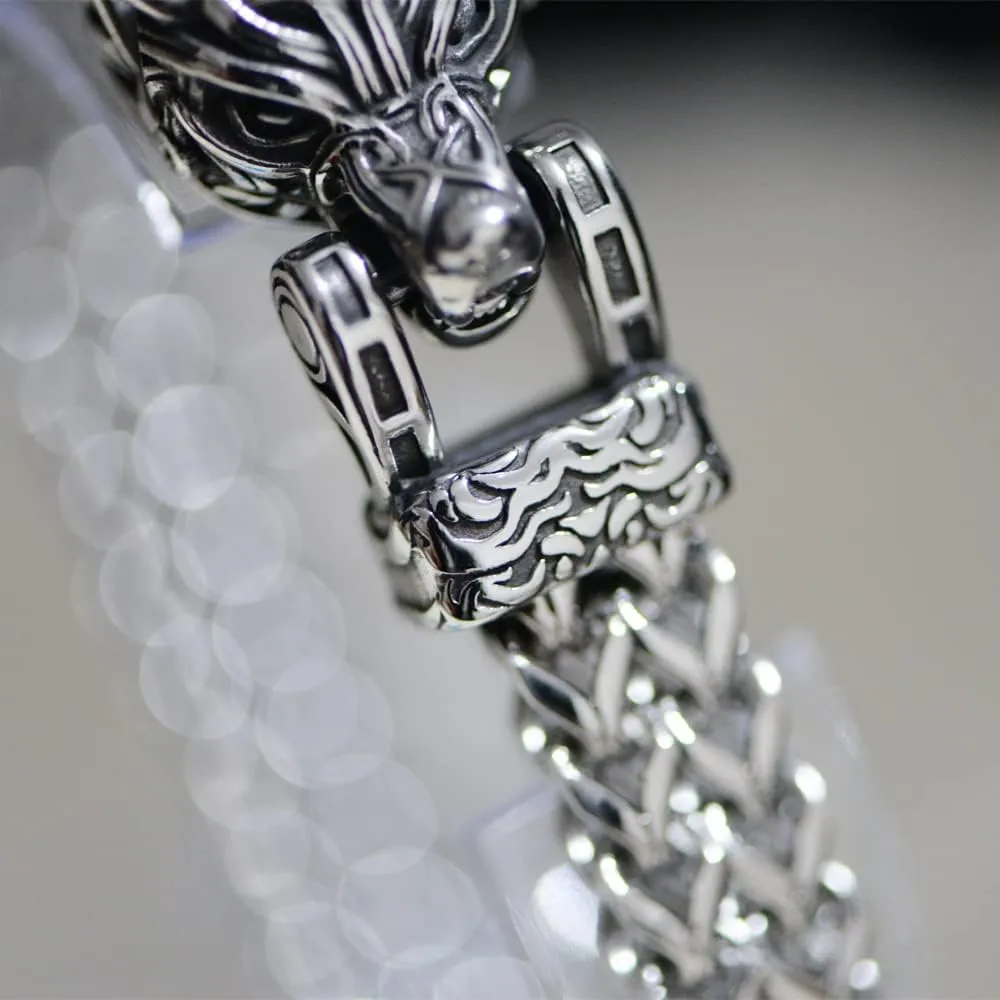 Norse Viking Wolf Bracelet Men's Stainless Steel Mesh Chain Can Open Wolf Mouth Bracelets Talisman Jewelry