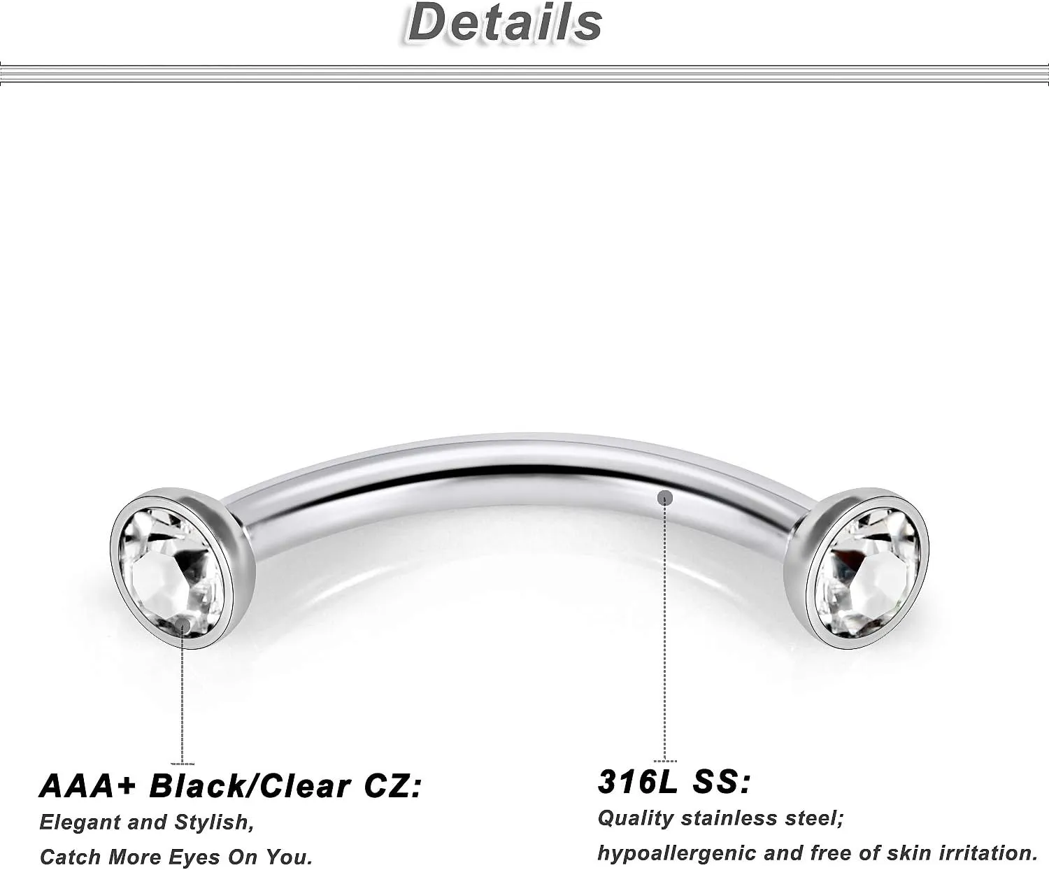Ocptiy 16G Eyebrow Rook Piercing Jewelry 316L Surgical Steel Vertical Lip Rings Belly Button Ring Curved Barbell Cartilage Helix Daith Earrings Bar 6mm(1/4") 8mm(5/16") 10mm (3/8")