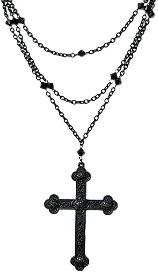 OIDIMS Black Cross Choker Necklace For Women Men Gothic Vintage Bead Chain Double Layered Punk Cross Pendant Hip Hop Fashion Halloween Costume Christmas New Year Goth Emo Grunge Jewelry Gifts