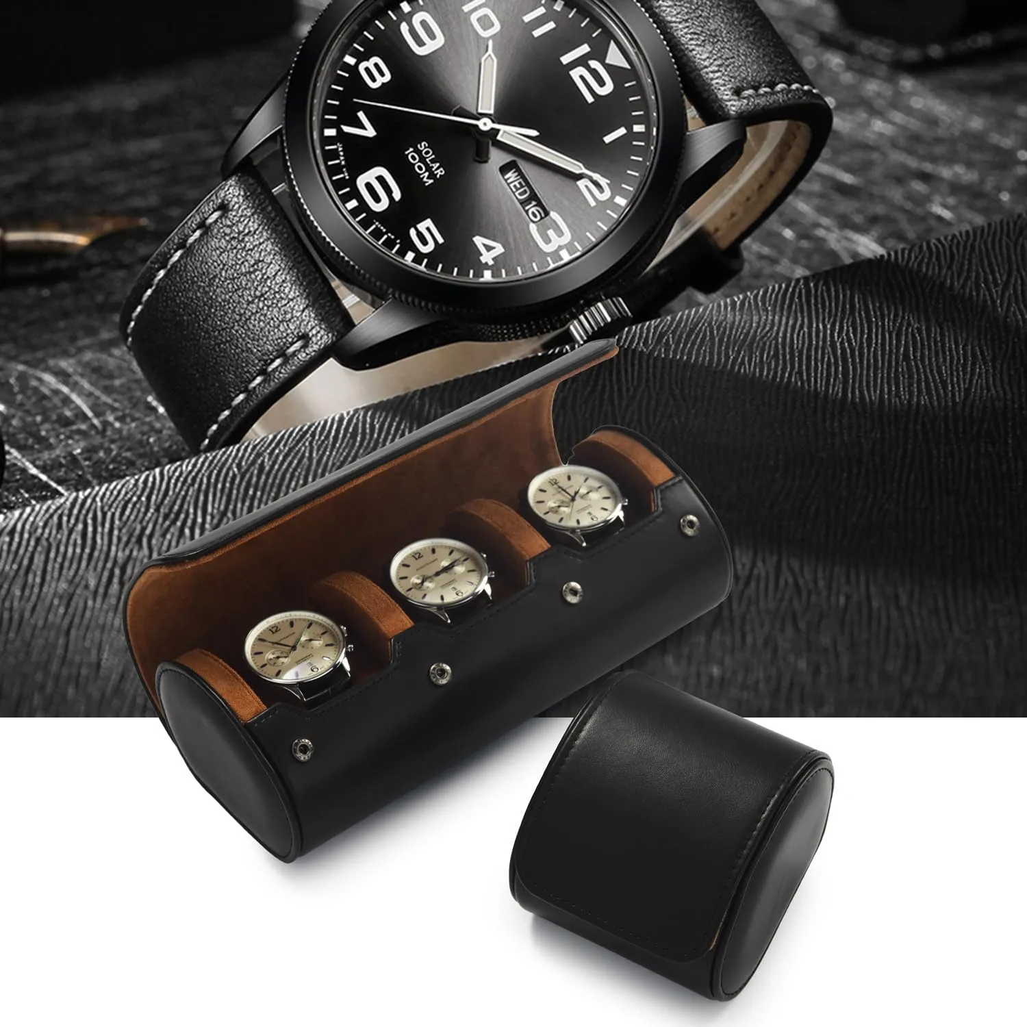 Oirlv Premium Leather Watch Roll Travel Case 2-Slot Watch Box for Men and Women Storage & Organizer Display, Anniversary BirthdayBlack
