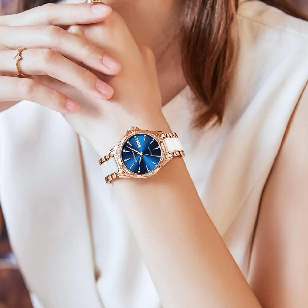 OLEVS Womens Big Face Automatic Watch, Diamond Accented Self Winding Dress Watch for Women, 50M Waterproof Day-Date Sapphire Crystal, Two Tone Stainless Steel Ceramic Band, White/Blue/Green/Red Dial
