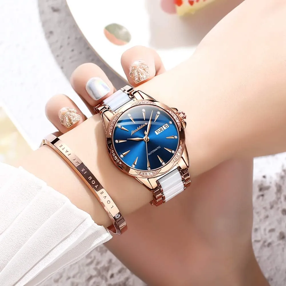 OLEVS Womens Big Face Automatic Watch, Diamond Accented Self Winding Dress Watch for Women, 50M Waterproof Day-Date Sapphire Crystal, Two Tone Stainless Steel Ceramic Band, White/Blue/Green/Red Dial