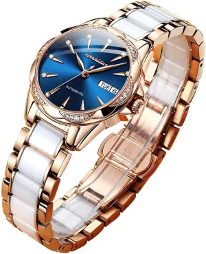 OLEVS Womens Big Face Automatic Watch, Diamond Accented Self Winding Dress Watch for Women, 50M Waterproof Day-Date Sapphire Crystal, Two Tone Stainless Steel Ceramic Band, White/Blue/Green/Red Dial