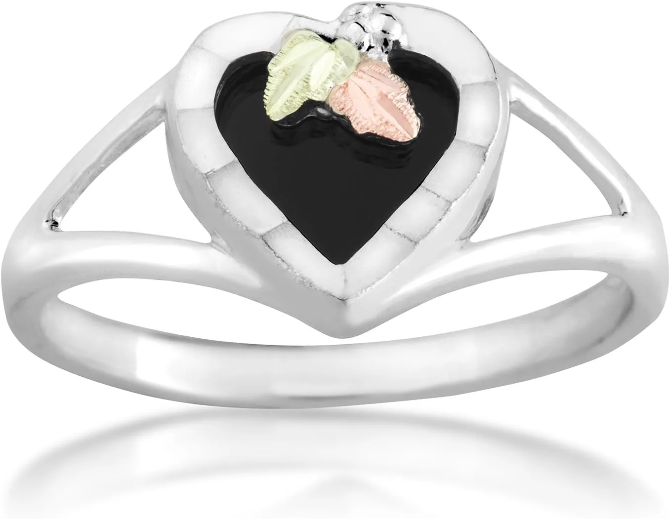 Onyx Heart Ring, Sterling Silver, 12k Green and Rose Gold Black Hills Gold Motif