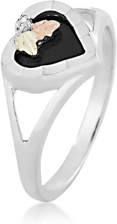 Onyx Heart Ring, Sterling Silver, 12k Green and Rose Gold Black Hills Gold Motif