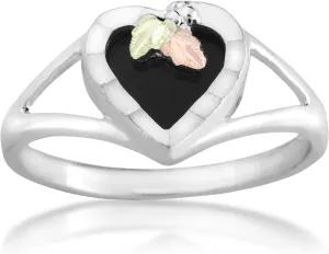 Onyx Heart Ring, Sterling Silver, 12k Green and Rose Gold Black Hills Gold Motif