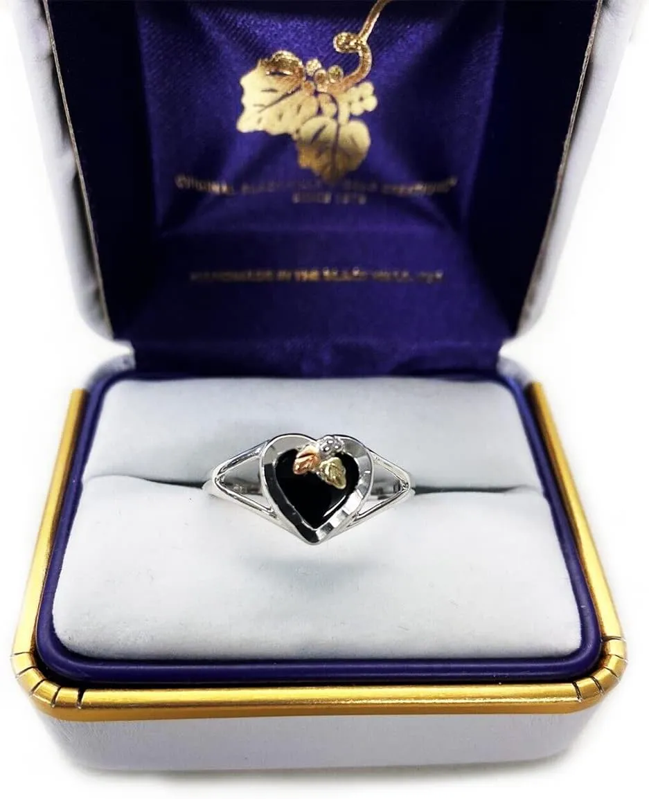 Onyx Heart Ring, Sterling Silver, 12k Green and Rose Gold Black Hills Gold Motif