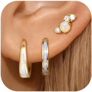Opal Earrings Set for Women, Valentine Gift for Her, Sterling Silver | 14K Gold, Hypoallergenic S925 Hoop Stud Earrings for Women with Sensitive Ears, Dainty StackableTrendy 2025
