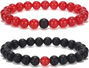 OUGWA Black Matte & Red Agate Stone His and Hers Bracelets 8mm Sandstone Couple Bracelet