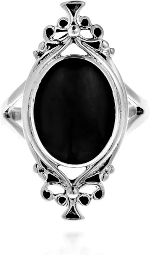 Oval Simulated Black Onyx Vintage Style .925 Sterling Silver Ring