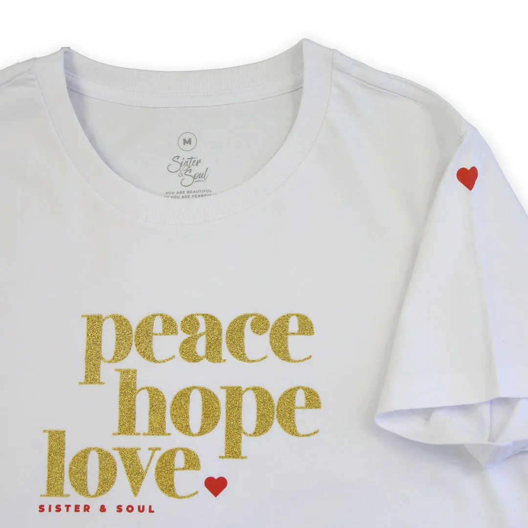 Peace Hope Love - Boxy Tee - White with Gold Glitter Print