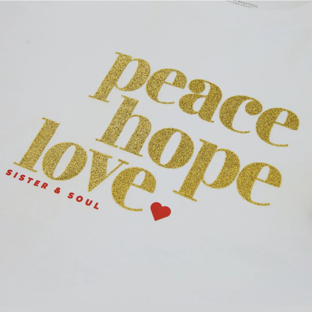 Peace Hope Love - Boxy Tee - White with Gold Glitter Print