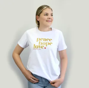 Peace Hope Love - Boxy Tee - White with Gold Glitter Print