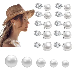 Pearls Stud Earrings Set for Women, 5Pairs Flat Back Pearls Stud Earrings Set Front Back Stackable Screwback Bridesmaid Lightweight Earring Studs Double-sided Earrings Set for Women Girls