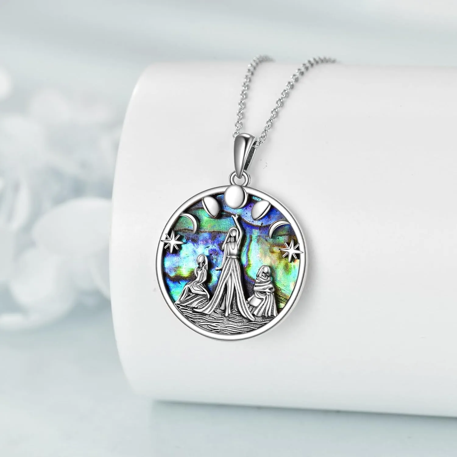 Pentagram Necklace Triple Moon Goddess Pendant 925 Sterling Silver Trinity Celtic Knot Abalone Shell Wiccan Jewelry Gift for Women Girls