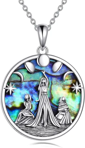 Pentagram Necklace Triple Moon Goddess Pendant 925 Sterling Silver Trinity Celtic Knot Abalone Shell Wiccan Jewelry Gift for Women Girls