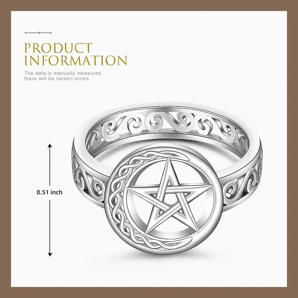 Pentagram Pentacle Ring for Women Celtic Knot Crescent Moon Witch Wiccan Pagan Rings Sterling Silver Protection Amulet Star Pentagram Jewelry Charms