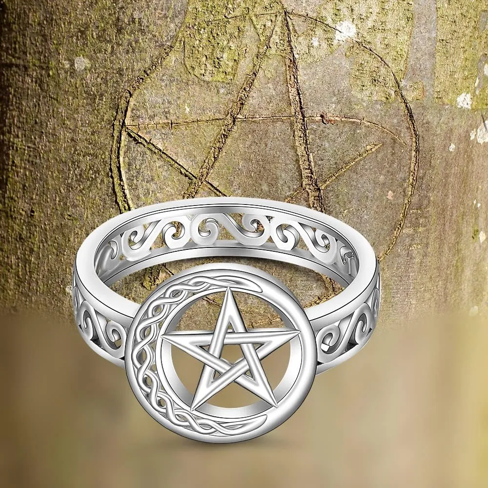 Pentagram Pentacle Ring for Women Celtic Knot Crescent Moon Witch Wiccan Pagan Rings Sterling Silver Protection Amulet Star Pentagram Jewelry Charms
