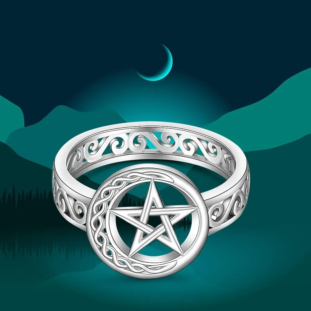 Pentagram Pentacle Ring for Women Celtic Knot Crescent Moon Witch Wiccan Pagan Rings Sterling Silver Protection Amulet Star Pentagram Jewelry Charms