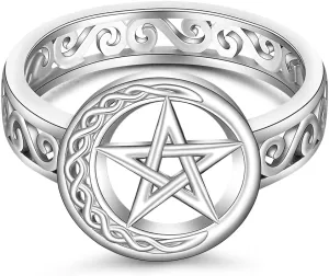 Pentagram Pentacle Ring for Women Celtic Knot Crescent Moon Witch Wiccan Pagan Rings Sterling Silver Protection Amulet Star Pentagram Jewelry Charms