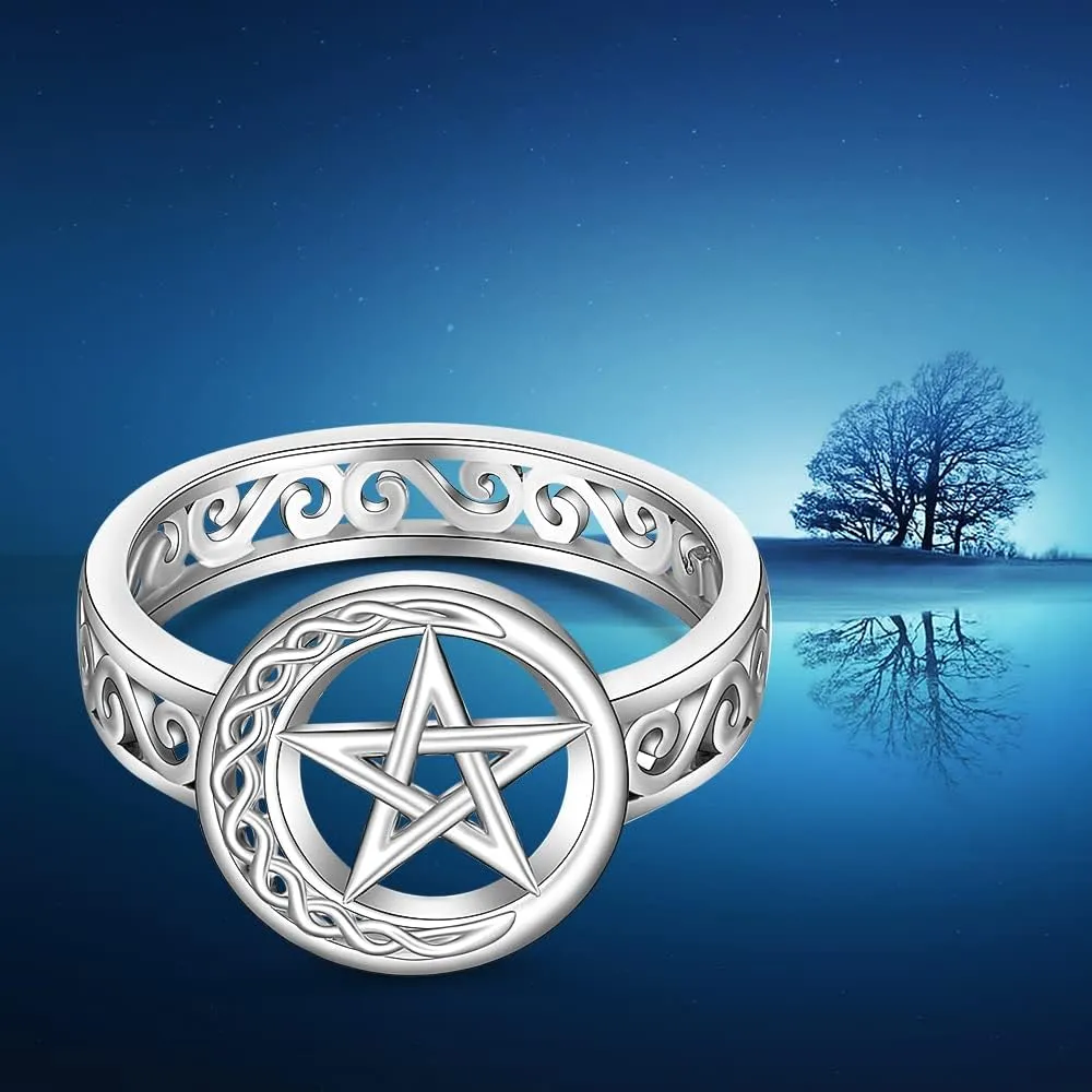 Pentagram Pentacle Ring for Women Celtic Knot Crescent Moon Witch Wiccan Pagan Rings Sterling Silver Protection Amulet Star Pentagram Jewelry Charms