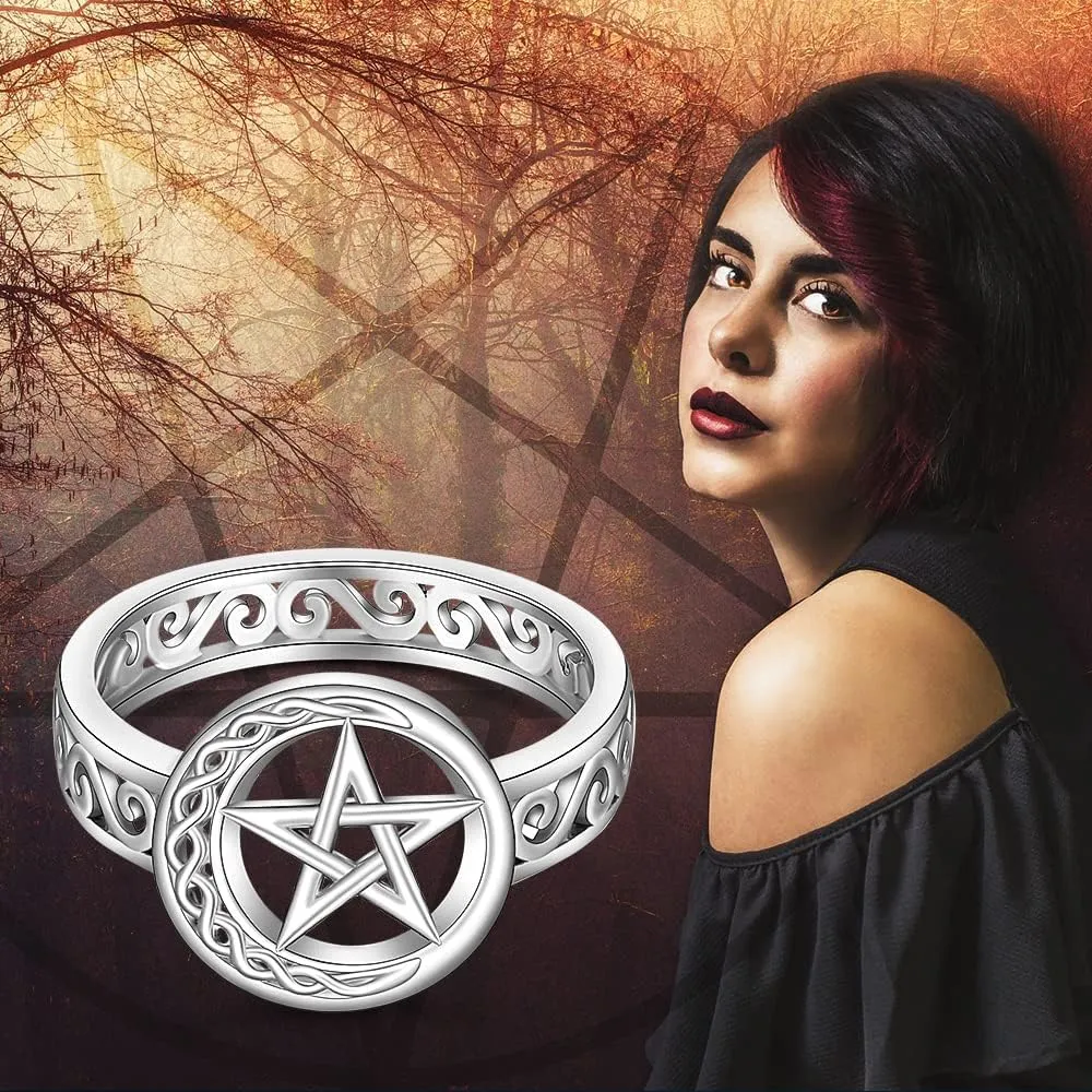 Pentagram Pentacle Ring for Women Celtic Knot Crescent Moon Witch Wiccan Pagan Rings Sterling Silver Protection Amulet Star Pentagram Jewelry Charms