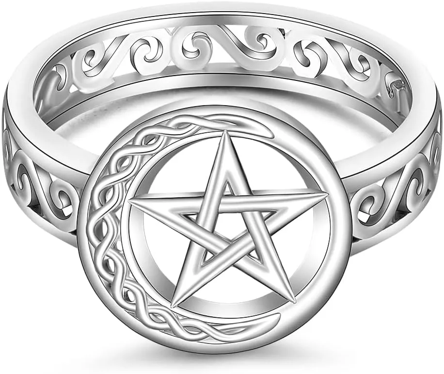Pentagram Pentacle Ring for Women Celtic Knot Crescent Moon Witch Wiccan Pagan Rings Sterling Silver Protection Amulet Star Pentagram Jewelry Charms