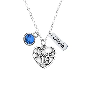 Personalized Sweet 16 Necklace for Girls with Birthstone and Engraved Name Tag Charm  Custom Heart Pendant Birthday Jewelry Gift for Teen Daughter, Niece or Friend