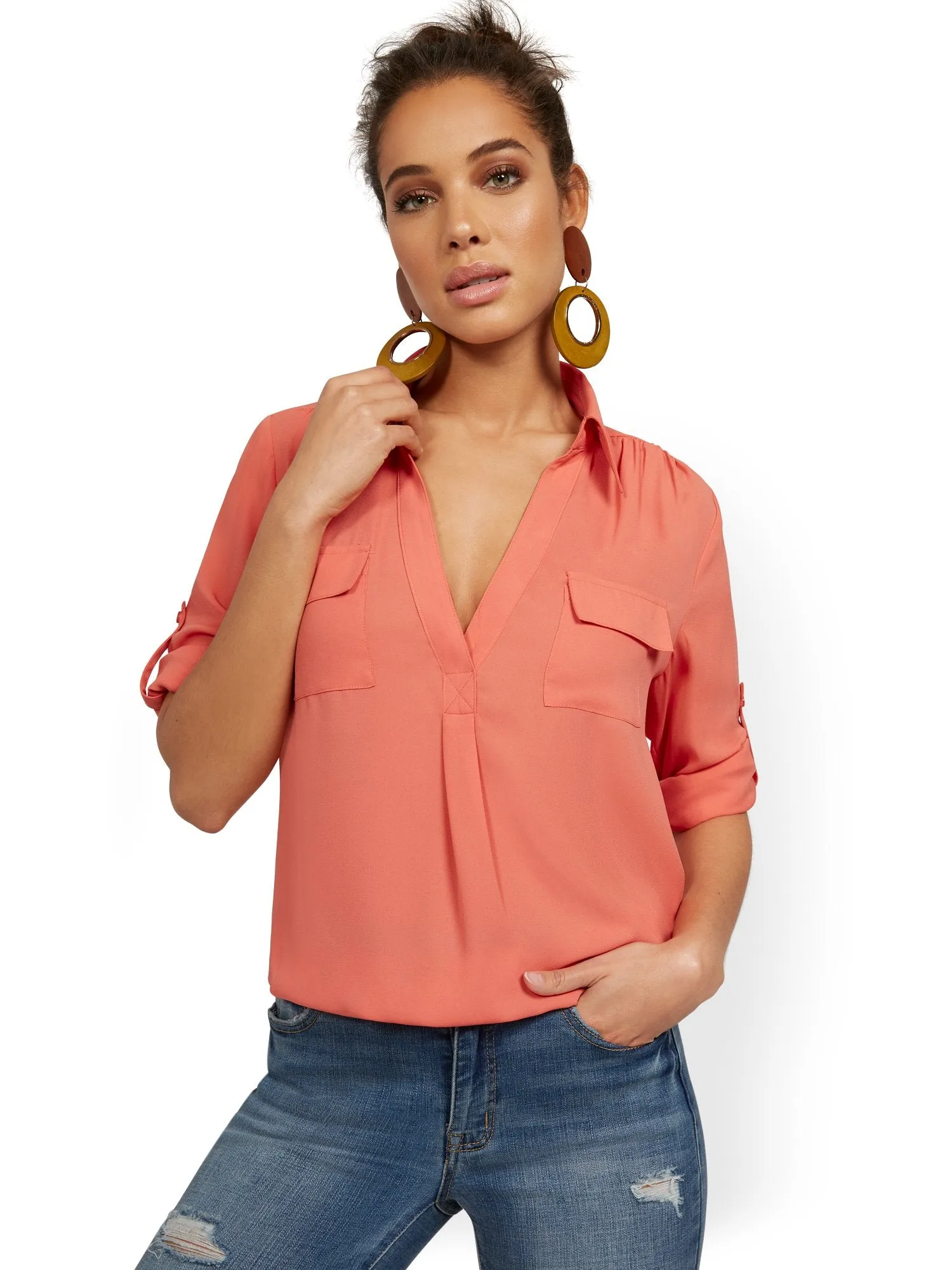 Petite Split-Neck Double Pocket Top