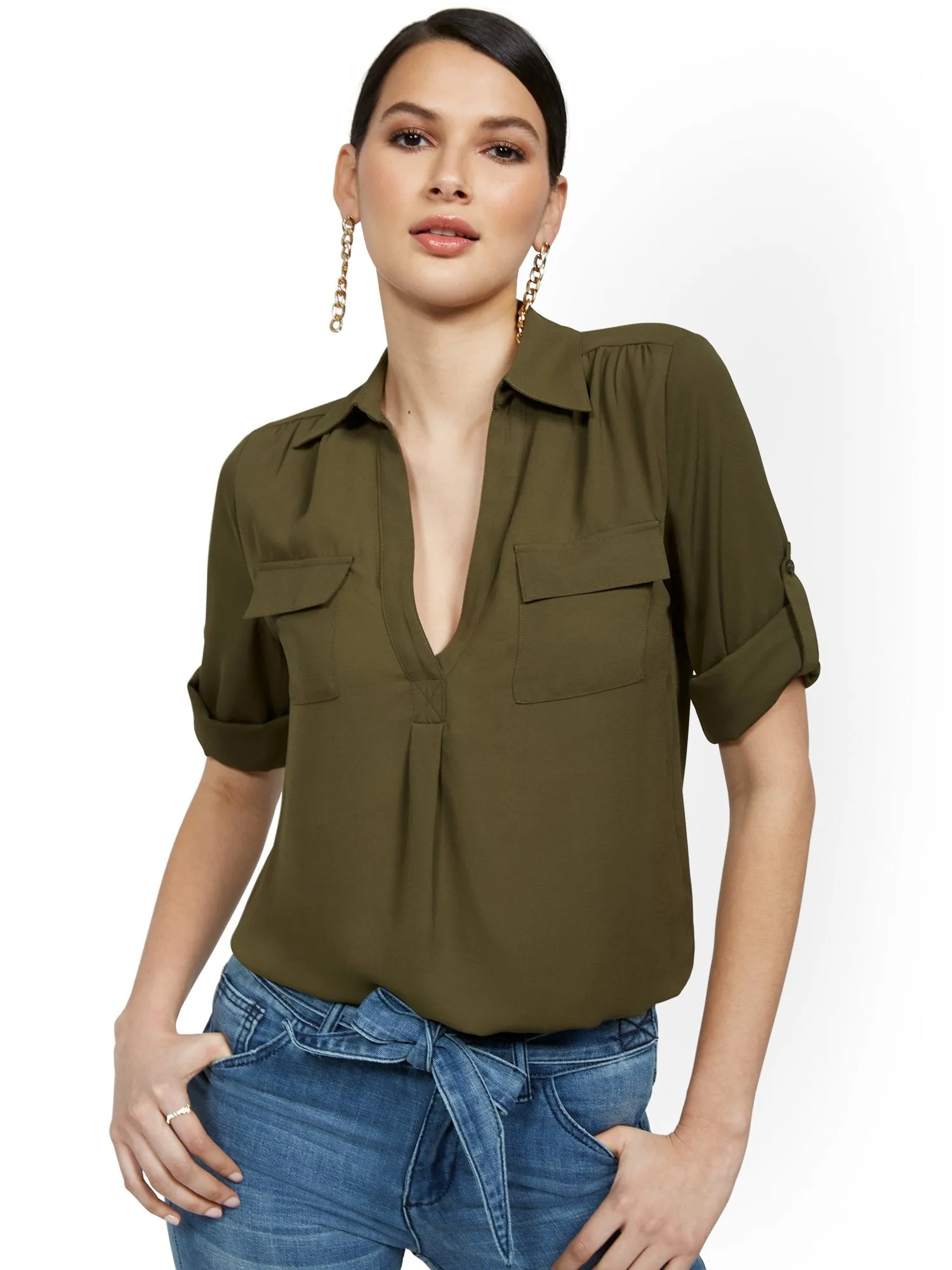 Petite Split-Neck Double Pocket Top