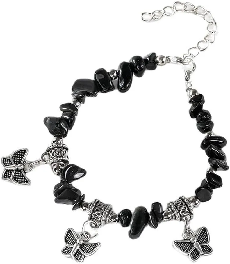 Pingyongchang Natural Stone Butterfly Bracelet Handmade Friendship Bracelets Natural Gemstone Beaded Butterfly Charm Bracelet Multi-Colored Irregular Stone Elastic Bracelet for Women Gifts Jewelry