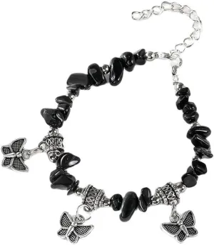 Pingyongchang Natural Stone Butterfly Bracelet Handmade Friendship Bracelets Natural Gemstone Beaded Butterfly Charm Bracelet Multi-Colored Irregular Stone Elastic Bracelet for Women Gifts Jewelry