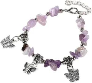 Pingyongchang Natural Stone Butterfly Bracelet Handmade Friendship Bracelets Natural Gemstone Beaded Butterfly Charm Bracelet Multi-Colored Irregular Stone Elastic Bracelet for Women Gifts Jewelry